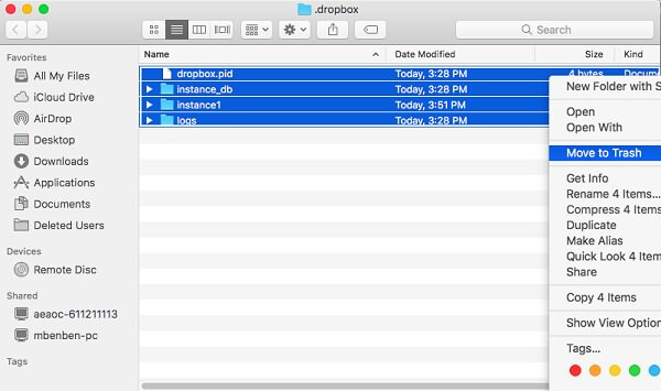remove dropbox files from mac